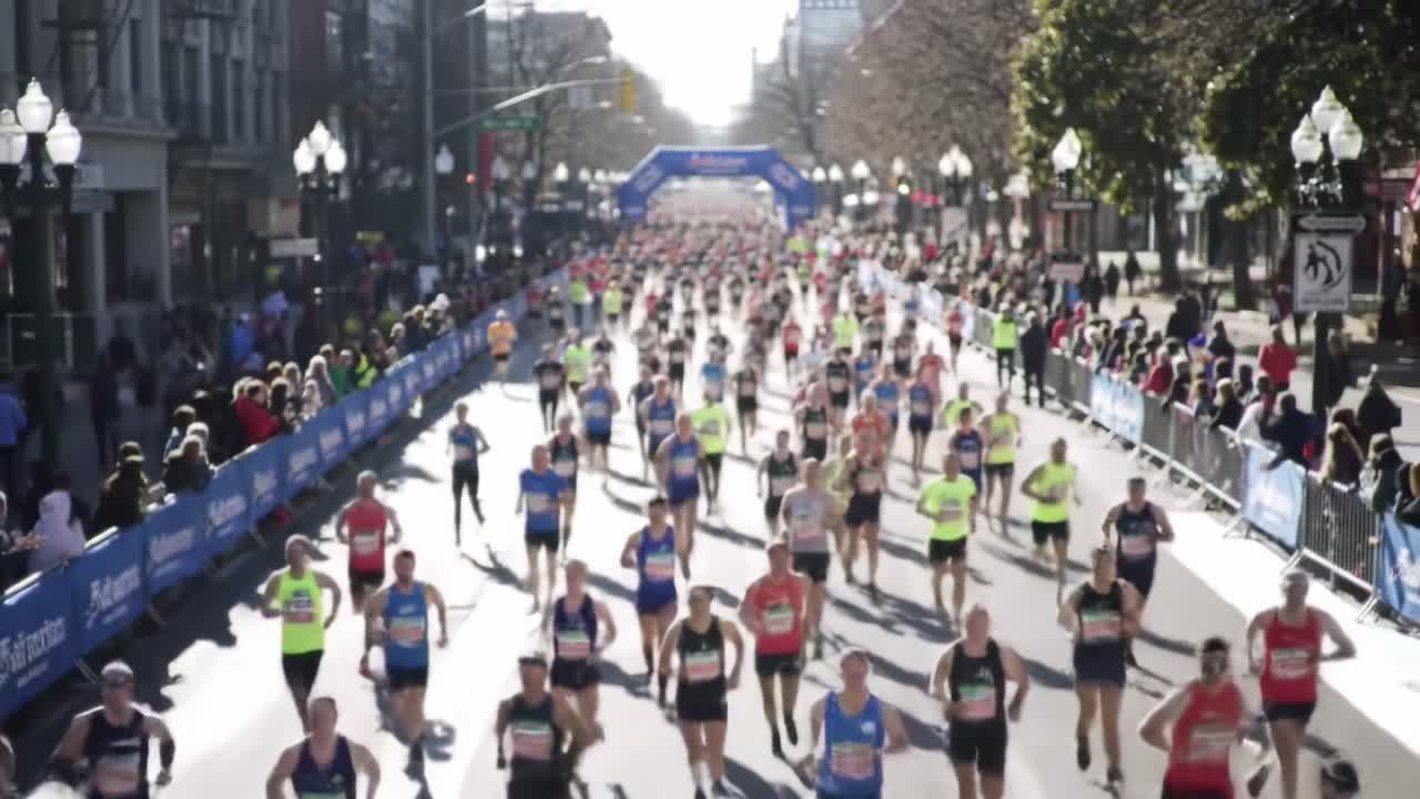 An Aerial View of Marathon Participants Racing Through City Streets with Spectators Cheering and a Colorful Atmosphere in a Vibrant Urban Setting