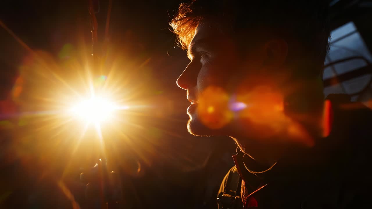 A silhouette of an individual illuminated by a bright light source, capturing the dramatic play of shadows and highlights as the intense glow creates a striking visual focus on the face and expression
