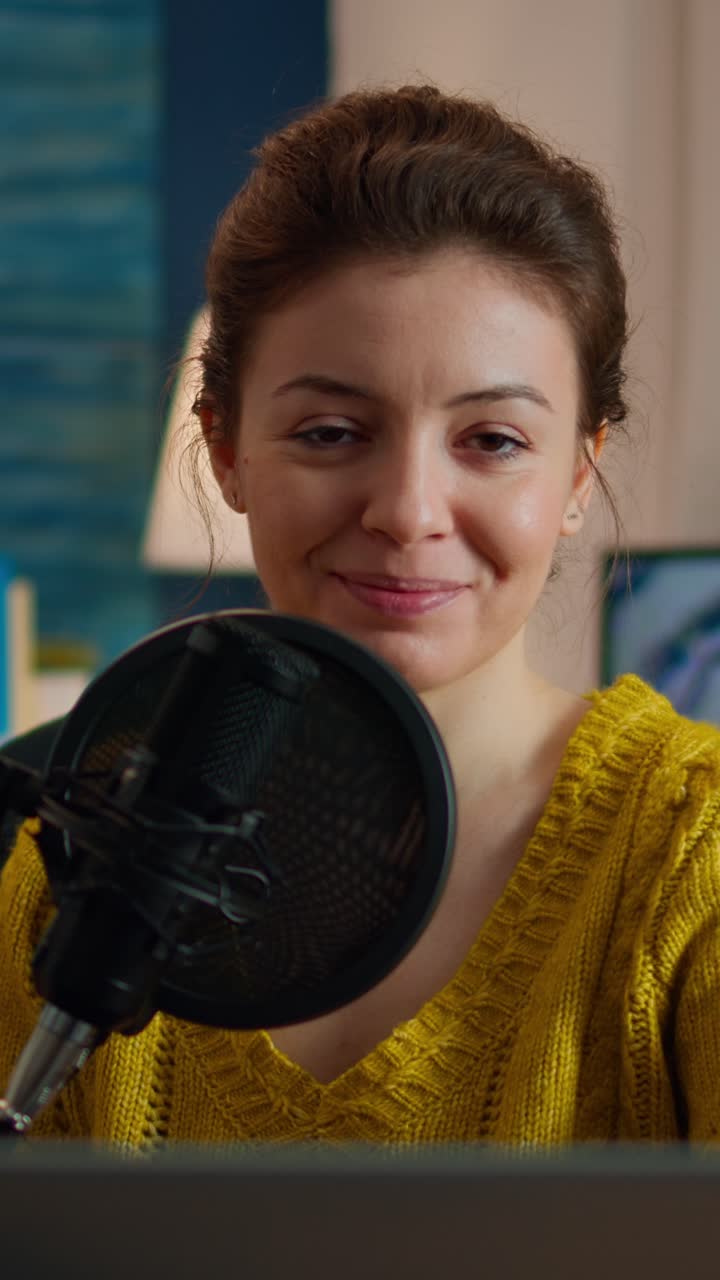 Video verticale: Blogger donna seduta nel suo studio di casa che guarda la telecamera.