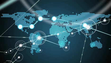 animation of network of connections and data processing over world map