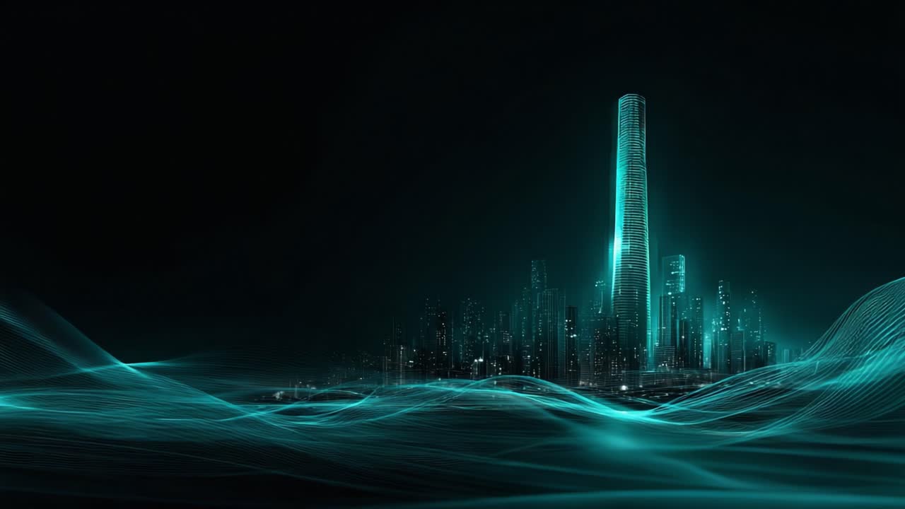 Futuristic city skyline at night with a glowing cyan skyscraper and flowing digital energy waves symbolizing data, innovation, global connection and smart city networks