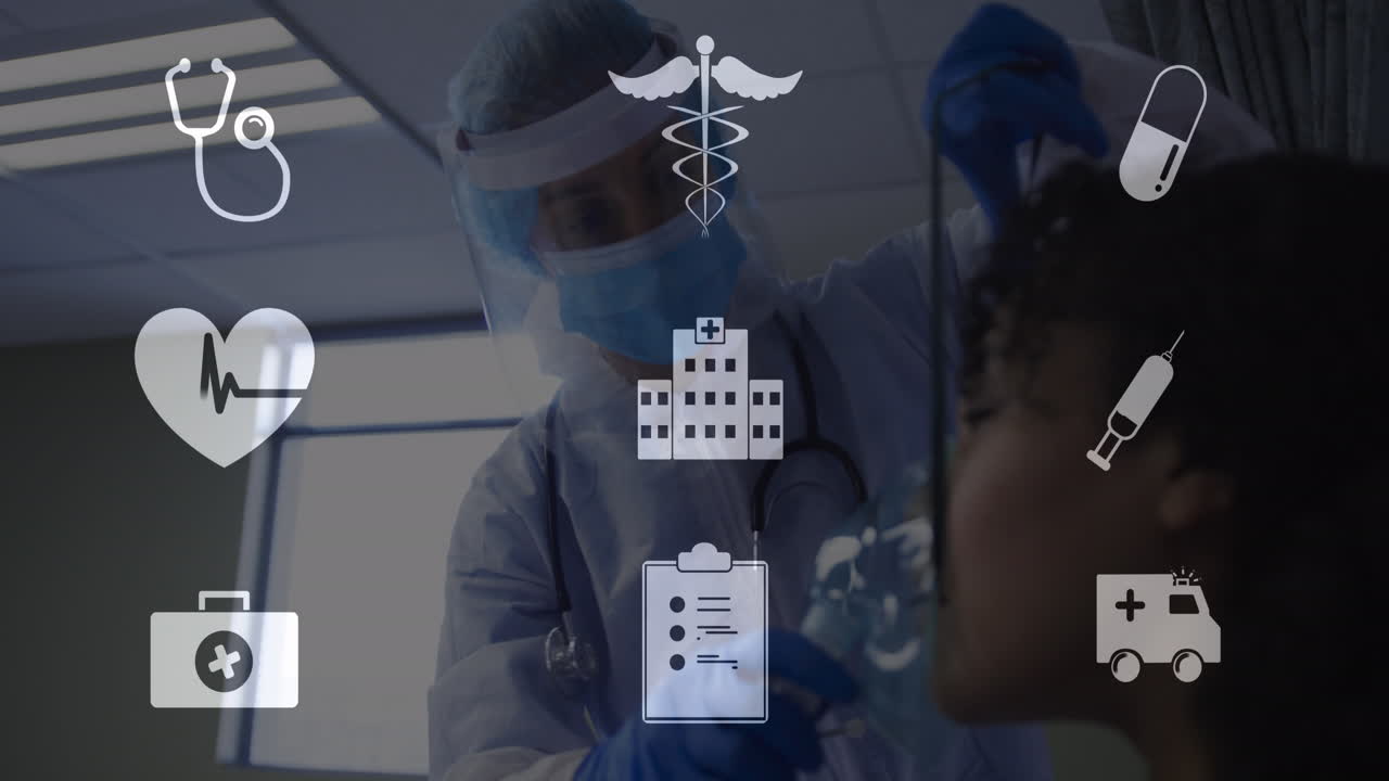 Animation of medical icons over caucasian female doctor and female patient