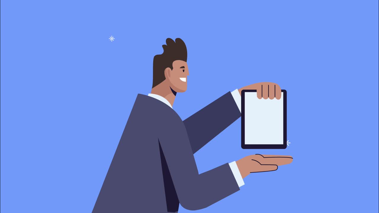 태블릿 애니메이션을 사용하는 젊은 남자