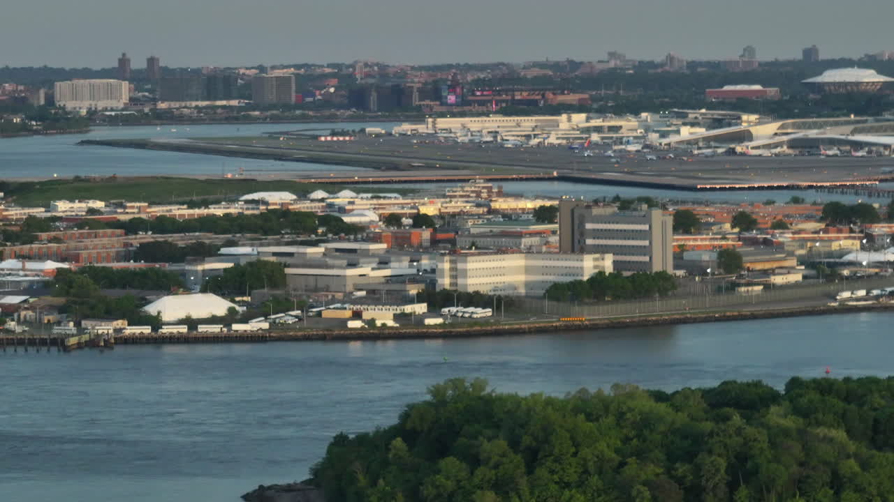 Aerial view of Rikers Island. Shot on a spring day in New York City.