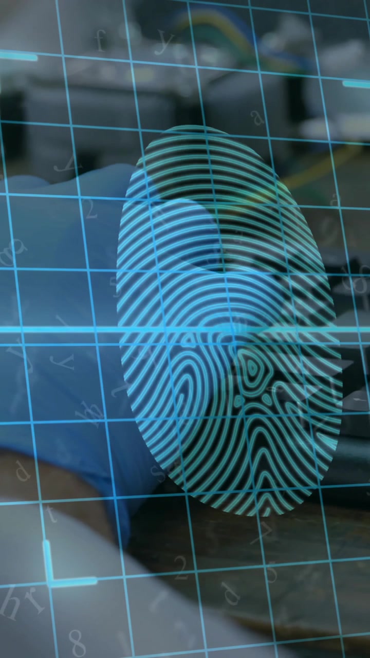 Animation of data processing with fingerprint over caucasian scientist using computer