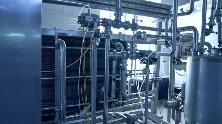 Stainless pipelines and tubes leading to the steel tanks. Metal box with sensor on it. Close up.