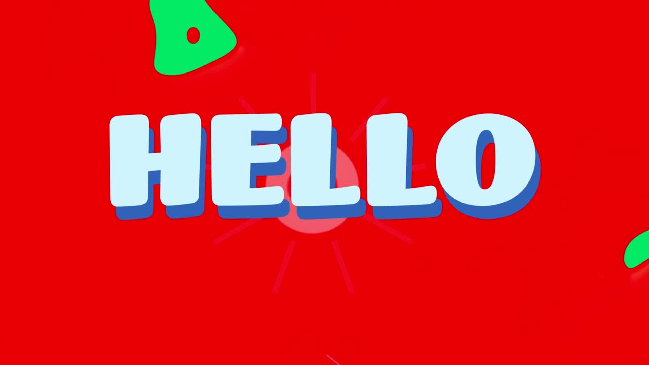 Animation of geometric shapes and red circles with hello text against green background