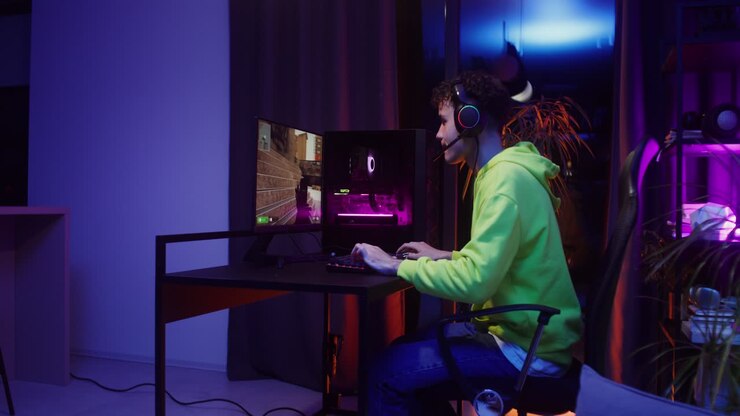 Giovane gamer adolescente gioca ai videogiochi a casa