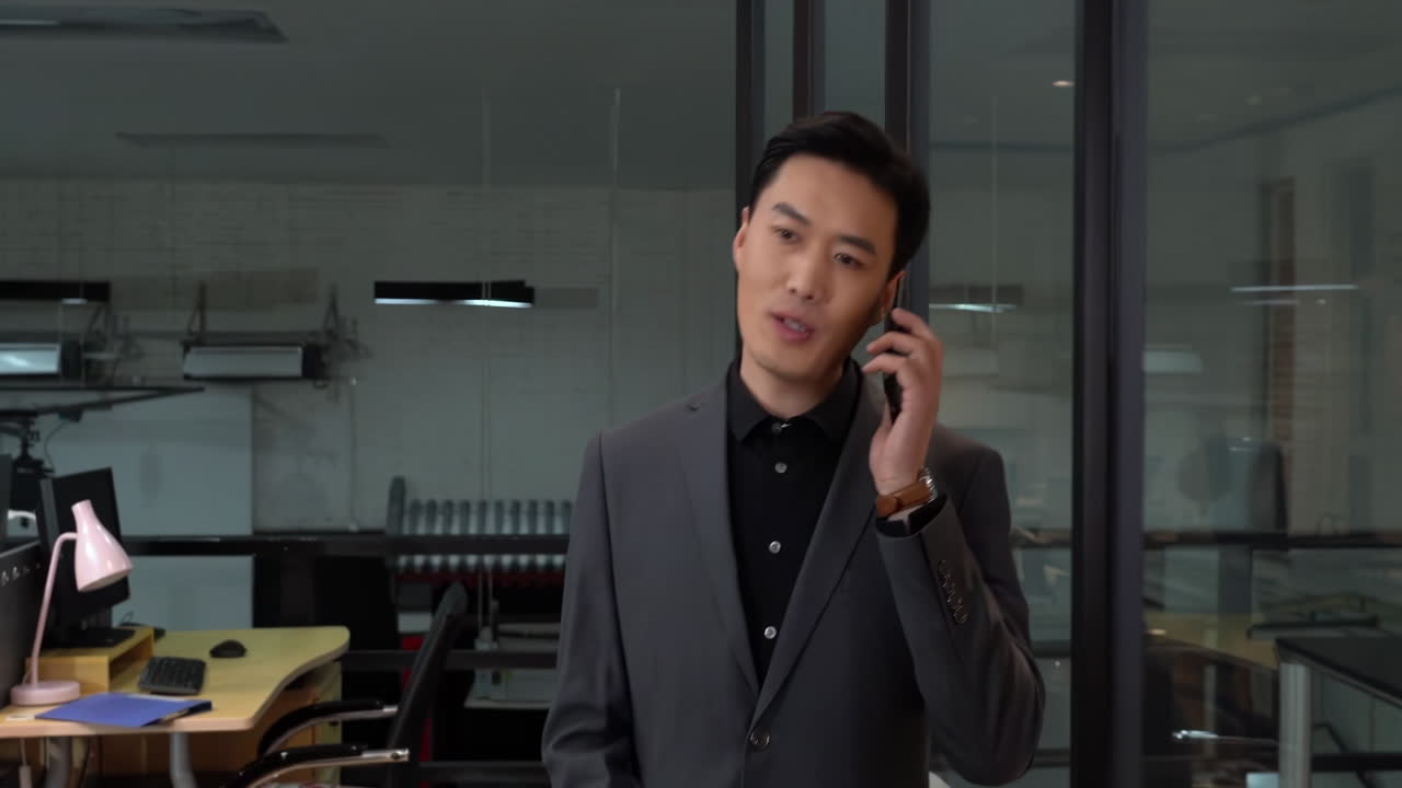 Businessmen making call negotiating business project on mobile phone. Busy professional man talking on telephone, making call to client, giving consultation, using online application at workplace