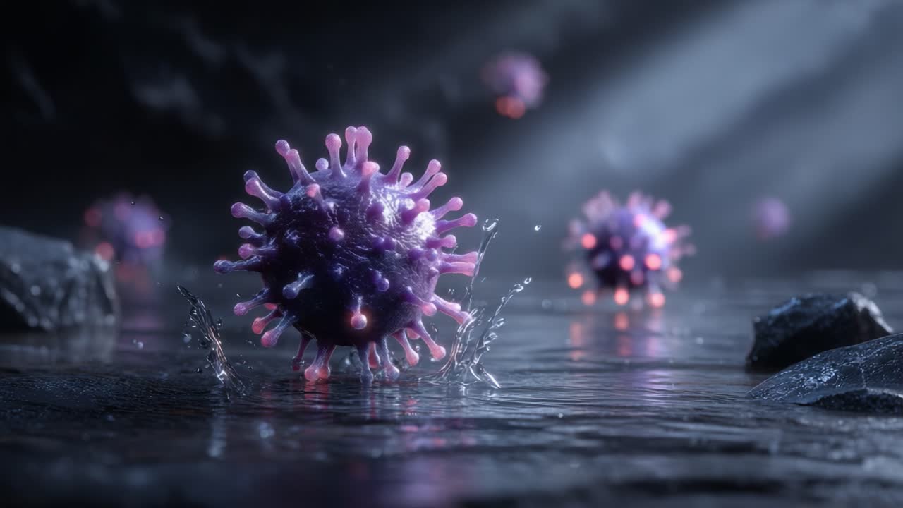 Intricate Visualization of Viral Particles in a Dimly Lit Environment, Showcasing Their Unique Structure and Movement Amidst Reflections and Shadows