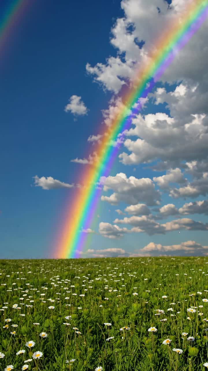 Um arco-íris vibrante se estende sobre um campo de margaridas sob um céu azul