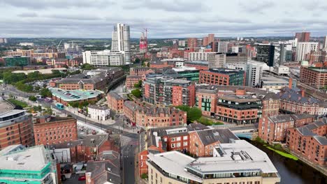 Drone camera smoothly pans above central Leeds, revealing Victorian buildings, modern towers, and the River Aire under bright daylight with soft cloud cover