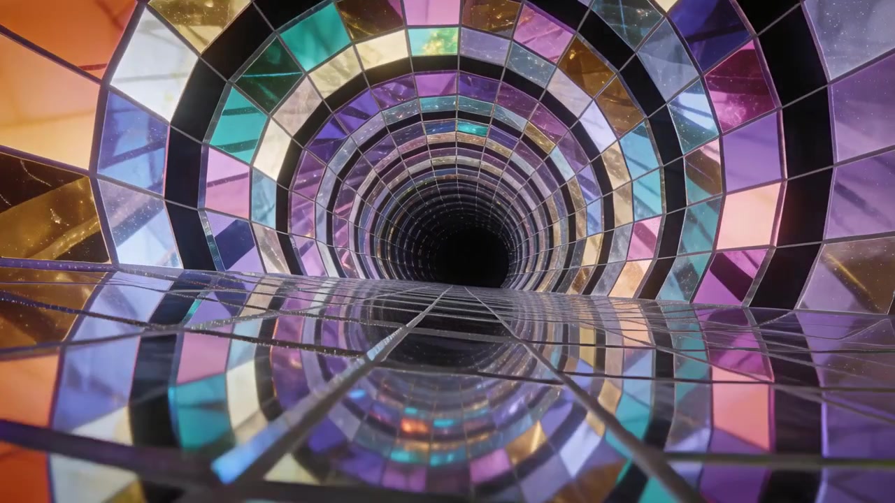 Telecamera che si muove fluidamente attraverso un tunnel specchiato ad anelli in studio, mostrando una giuntura e un'apertura scura.