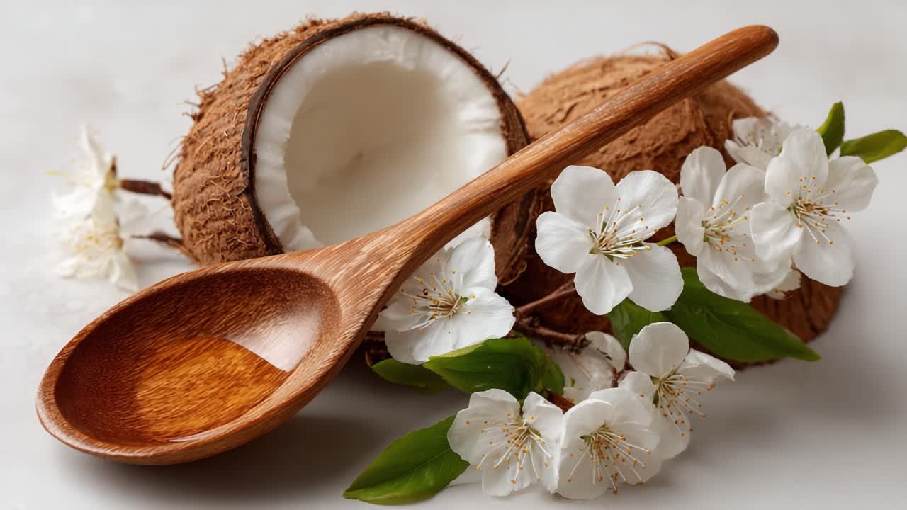 An Aesthetic Arrangement of a Wooden Spoon, Fresh Coconut Halves, and Delicate White Blossom Flowers against a Soft Background