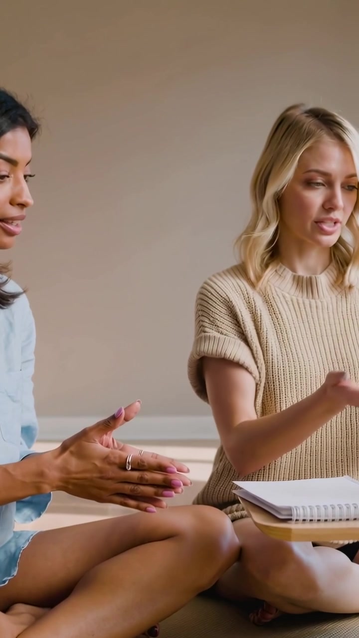 Vertical video: Clapping left woman, women talking at workshop with notebook, in blue and beige to