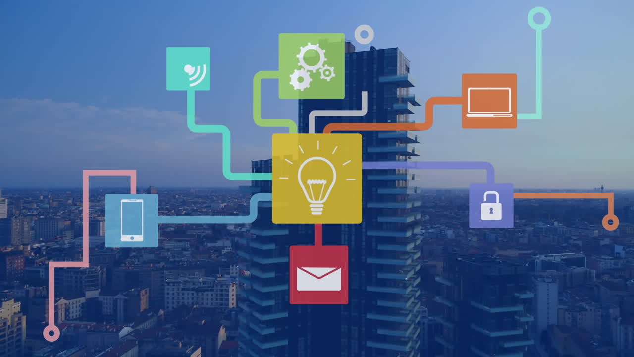 디지털 아이콘의 네트워크의 애니메이션 도시 풍경의 공중 뷰에 대하여