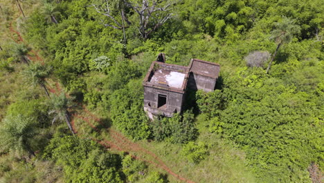 a captivating aerial shot of an abandoned, ruined house nestled in the woodlands of misiones, santa ana, argentina, offering a glimpse of the area's rich history and natural surroundings.