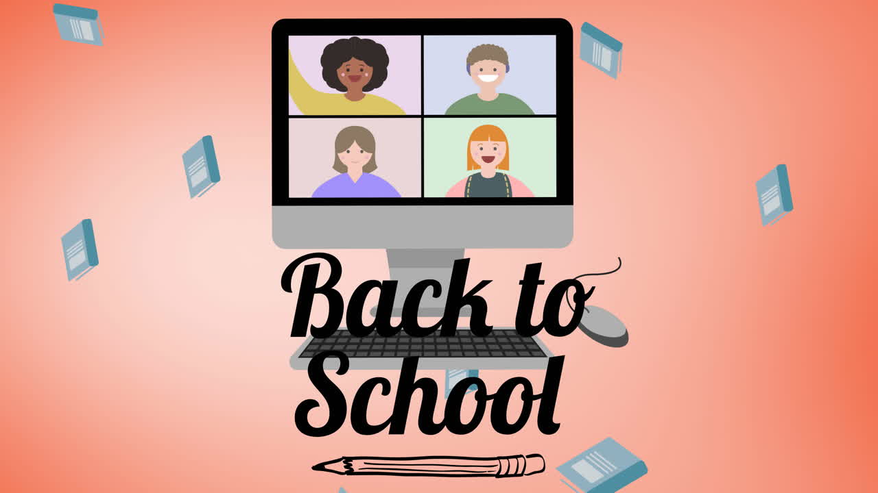 Animation of text back to school over falling notebooks and computer video call, on pink