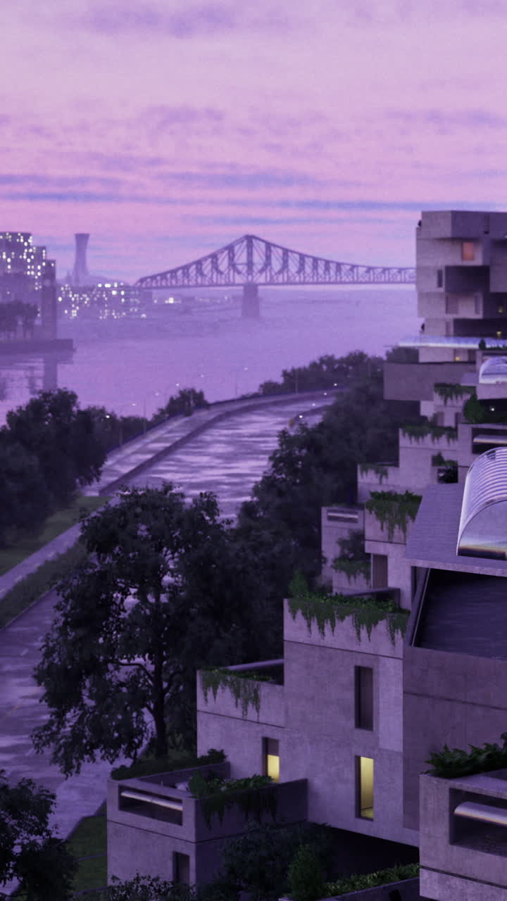 Vista da cidade ao pôr do sol com rio e ponte ao fundo perto de edifícios modernos.