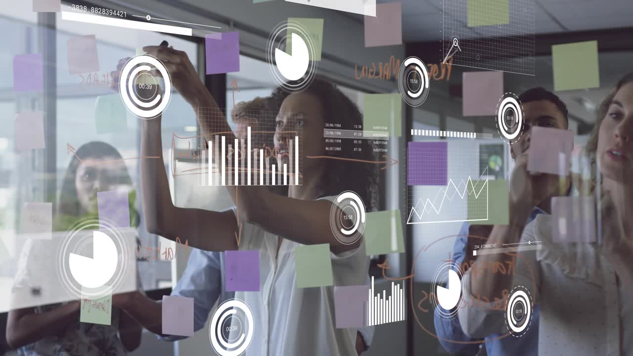 Lead woman placing notes on glass, team shifting layout, charts overlaying metrics for planning