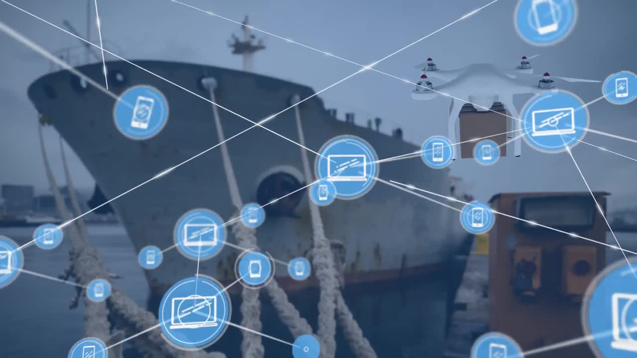 패키지를 운반하는 드론을 통해 아이콘으로 연결된 네트워크의 애니메이션