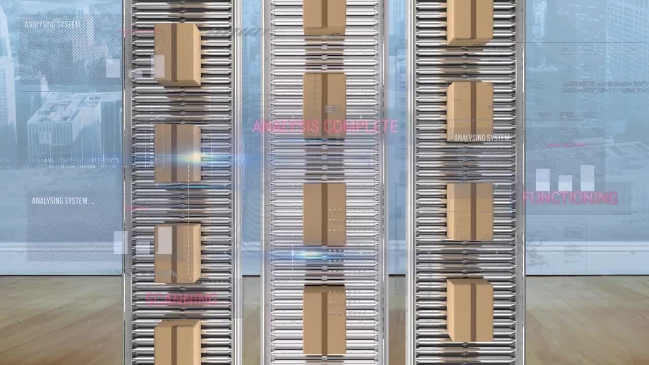 컨베이어 벨트에 있는 카드보드 상자 위에서 통계 처리의 애니메이션