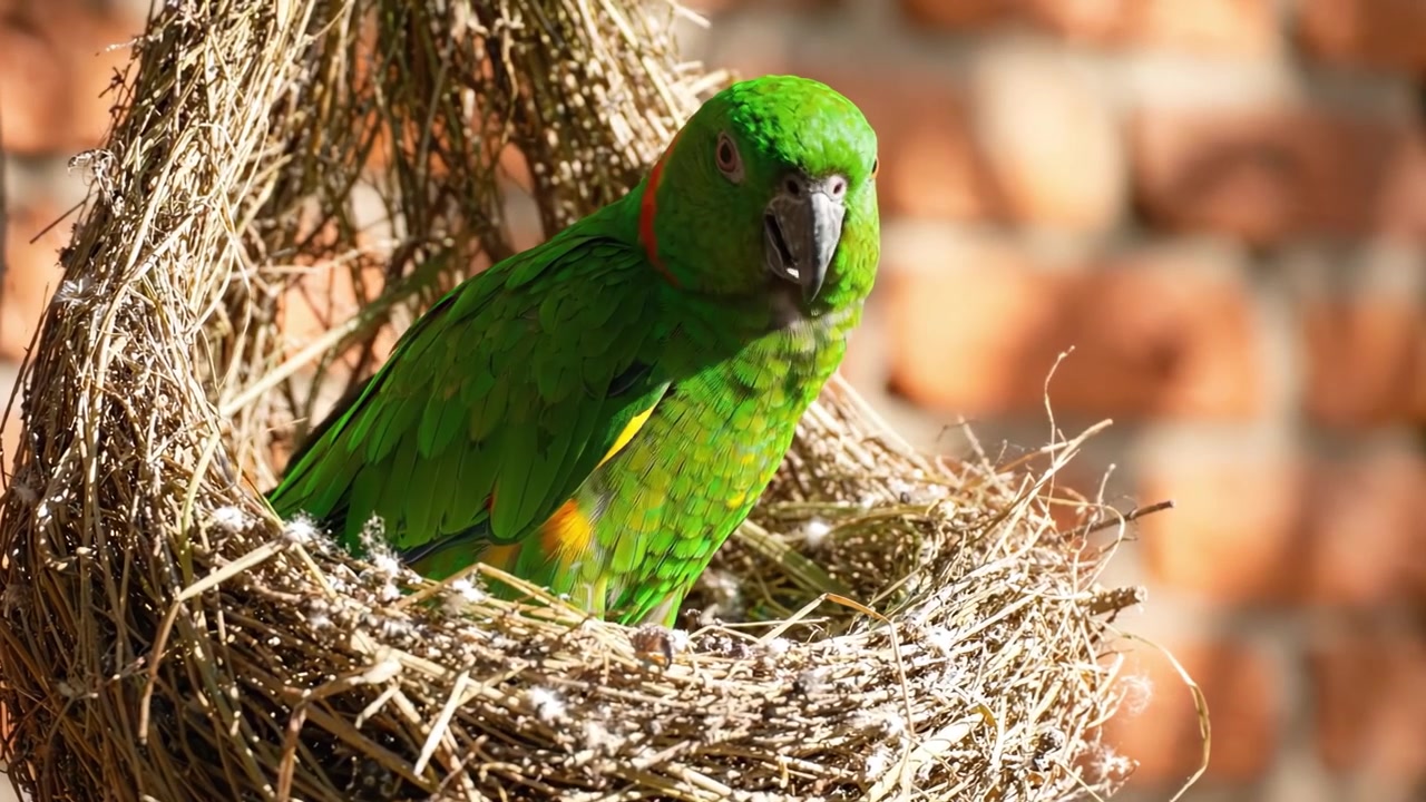 A Vibrant Green Parrot Nesting Comfortably in a Cozy Nest Surrounded by Warm Earthy Tones, Showcasing Its Bright Feathers and Charming Expressions