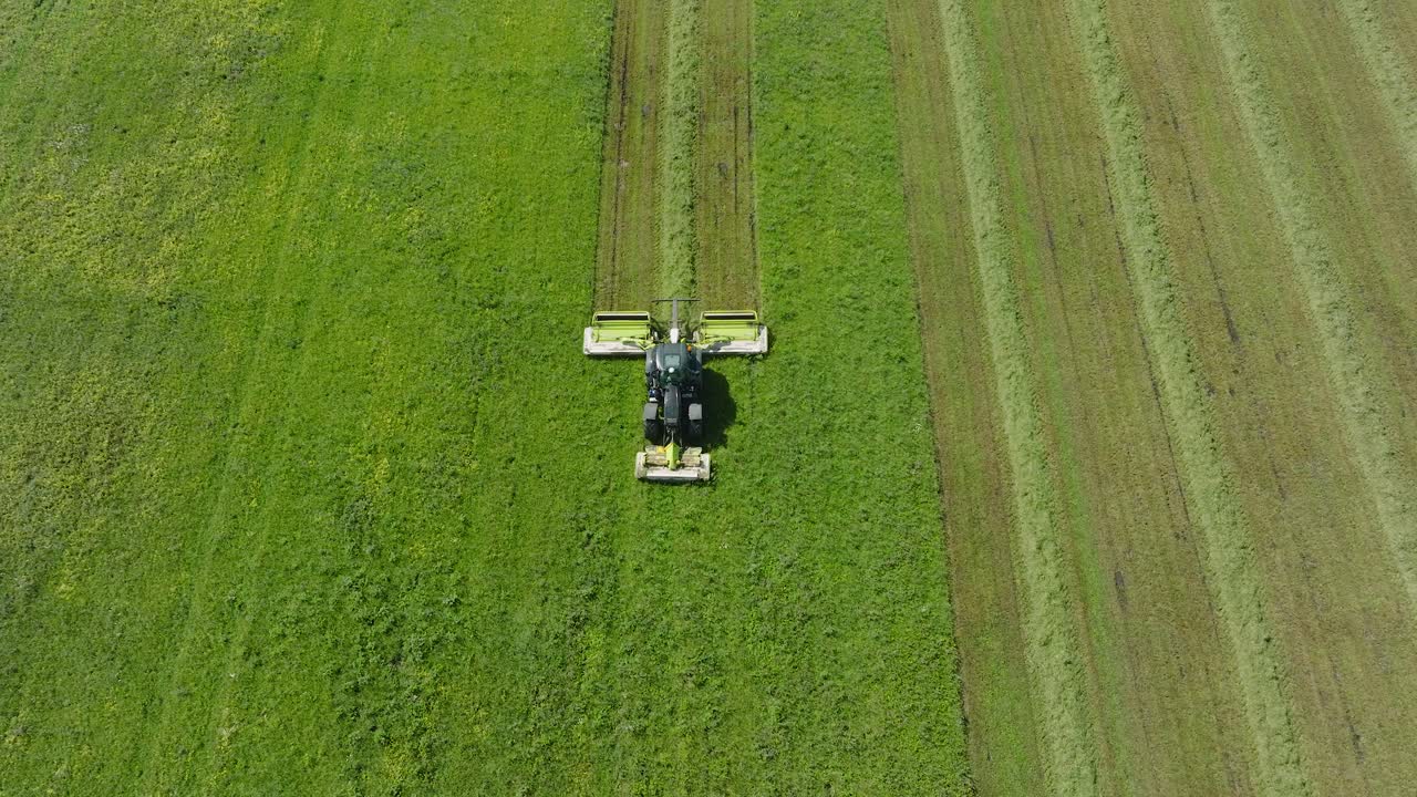 신선한 초록 잔디 ⁇ 을  ⁇ 는 트랙터의 공중 뷰, 현대 트랙터에서 농부 가축을 위해 음식을 준비하는,  ⁇ 은 여름 날, 넓은 새 눈 드론  ⁇  뒤로 이동