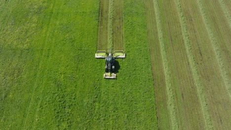 vista aérea de un tractor cortando un campo de hierba verde fresco, un agricultor en un tractor moderno preparando comida para animales de granja, un soleado día de verano, una amplia toma de avión no tripulado de ojo de pájaro moviéndose hacia atrás