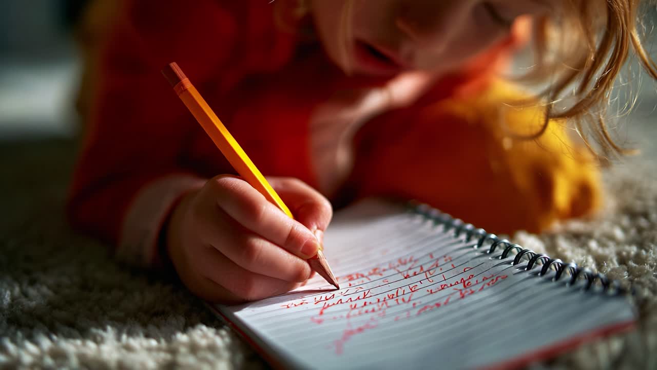 A Young Child Engaged in Creative Writing While Lying on a Soft Surface, Using an Orange Pencil to Fill the Pages of a Notebook with Imaginative Thoughts and Ideas