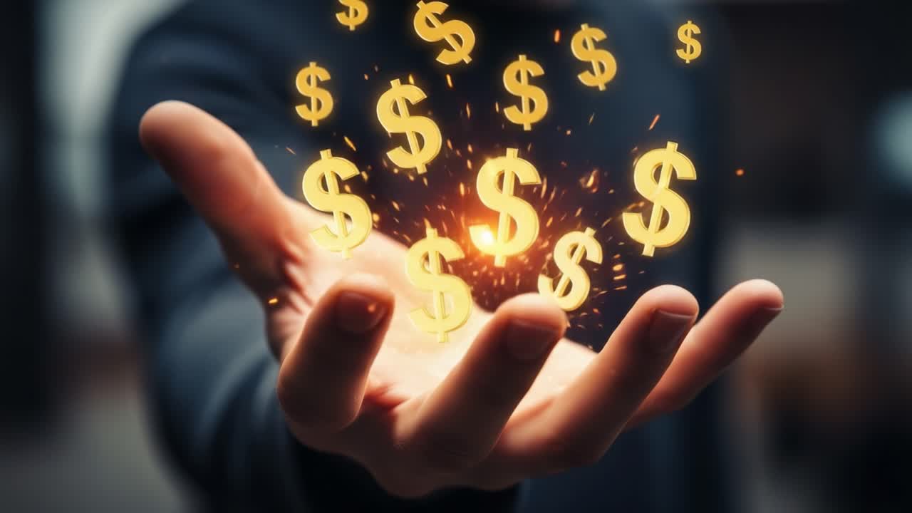 A Glimmering Display of Wealth: A Hand Surrounded by Golden Dollar Symbols Emanating Light and Sparks, Symbolizing Financial Prosperity and Abundance