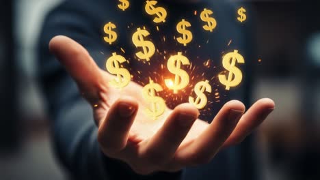 a glimmering display of wealth: a hand surrounded by golden dollar symbols emanating light and sparks, symbolizing financial prosperity and abundance
