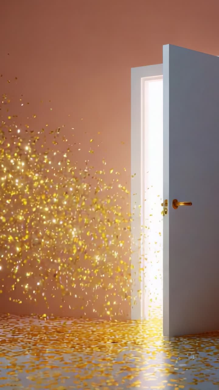 A captivating visual transformation takes place as a door swings open, releasing a splendid cascade of golden sparkles that illuminate the surrounding space, inviting exploration and wonder into a dazzling realm