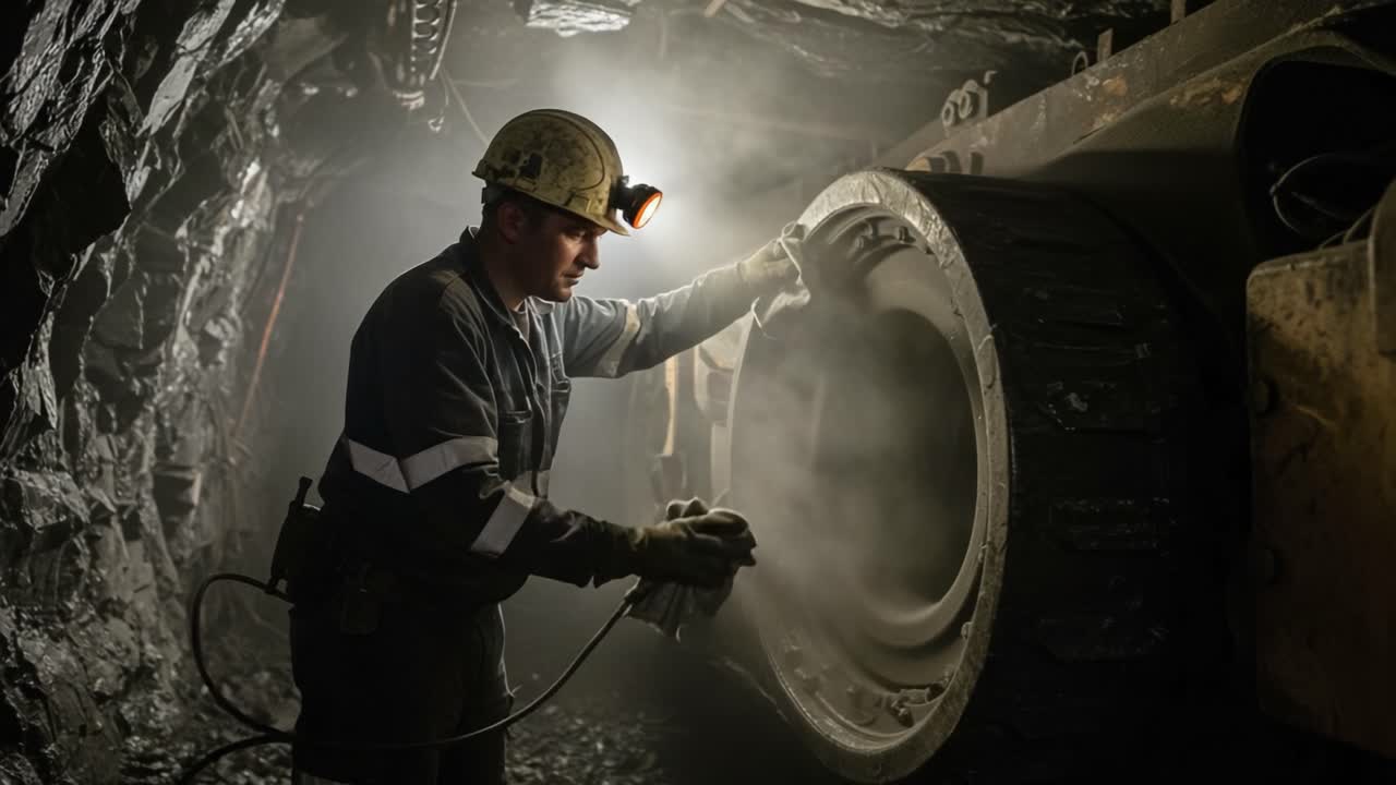 A Dedicated Miner Performing Maintenance on Heavy Equipment Tire in a Dimly Lit Underground Tunnel, Highlighting the Challenges and Duties of Mining Operations
