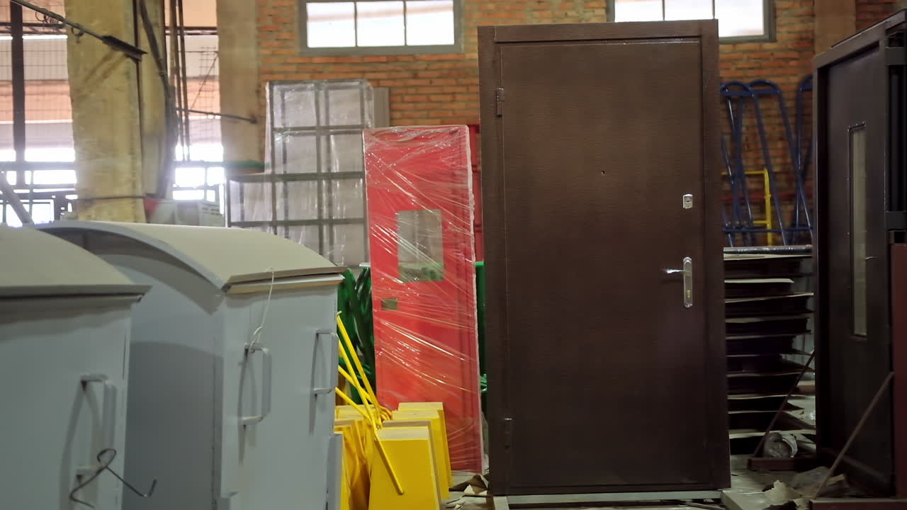 Products at the warehouse. Interior of manufacturing with new metal doors and garbage bins. Industrial materials inside the plant.