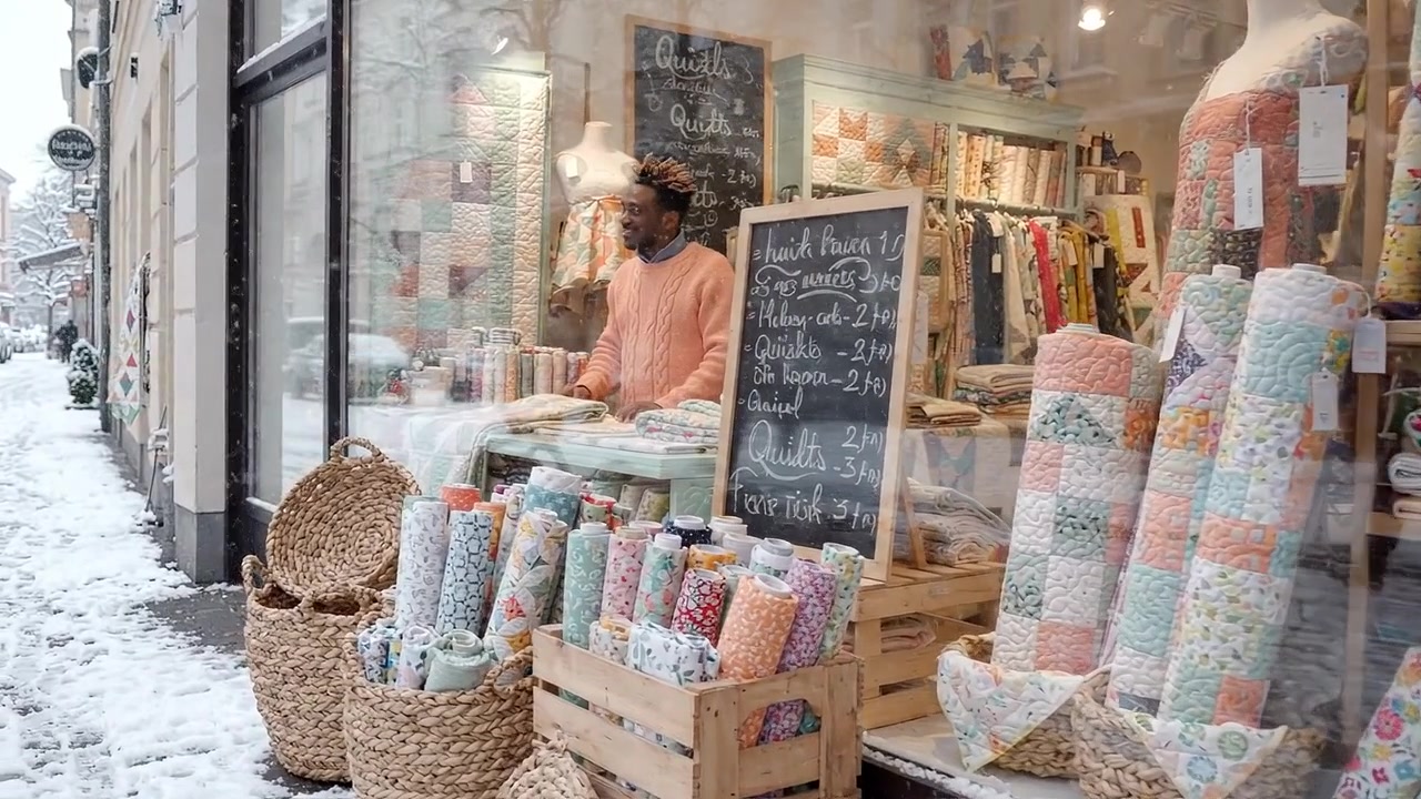 Charming Quilt Shop in Winter Wonderland: A Cozy Scene with Colorful Fabrics and Friendly Merchant Surrounded by Snowy Streets and Rustic Baskets