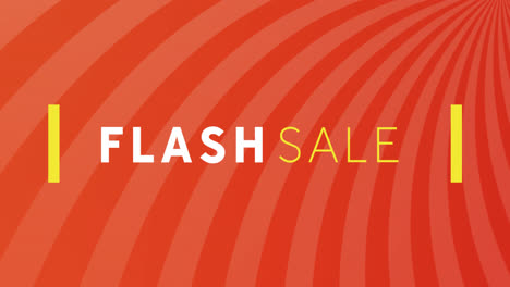 animation of flash sale text between lines over stripes against red and peach background