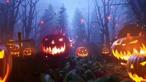 Burning-pumpkin-Halloween-scene-at-night-while-bats-flies-in-the-sky