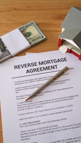 vertical shot of reverse mortgage agreement documents. concept of getting money for your house.