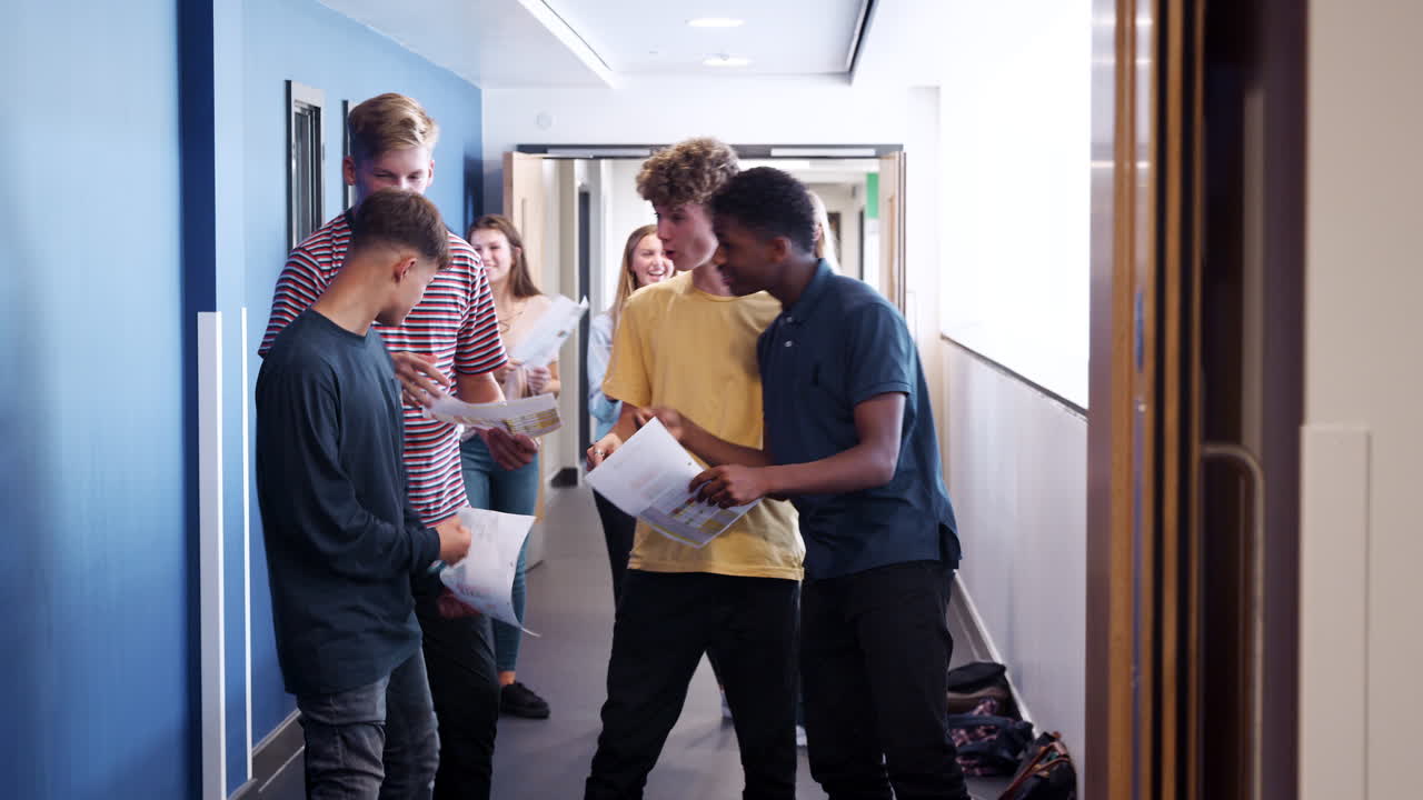 Excited Teenage High School Students Celebrating Exam Results In School Corridor
