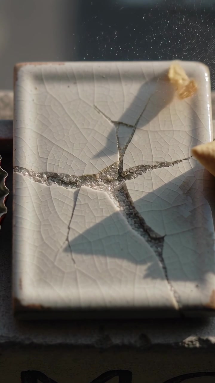 Vertical video: Placing crumb, hand using stick flicking cracked tile on ledge, showing cracks
