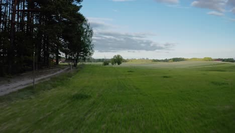 fast fly over green fields on a countryside farmland