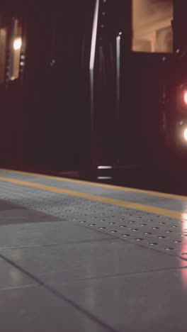 a train station platform at night with yellow lines and a train in the background.