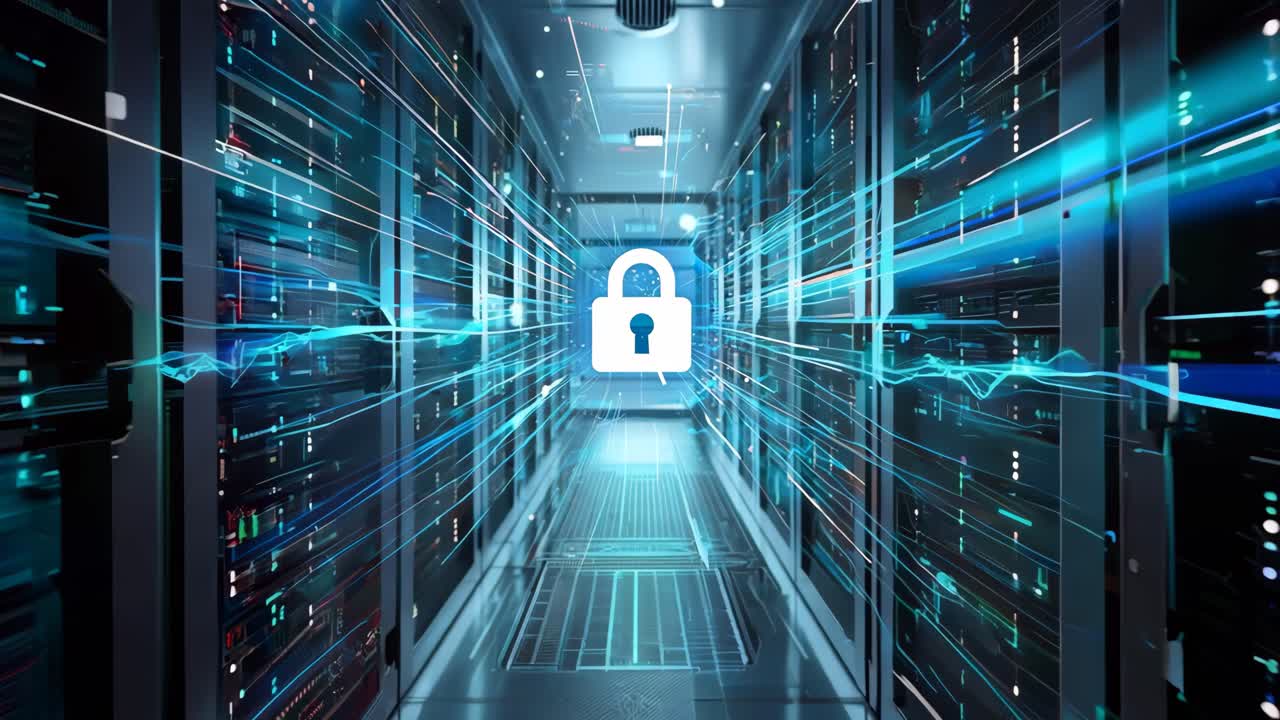 A computer network with a blue and green color scheme. The network is shown as a long hallway with many computer servers. The servers are connected to each other