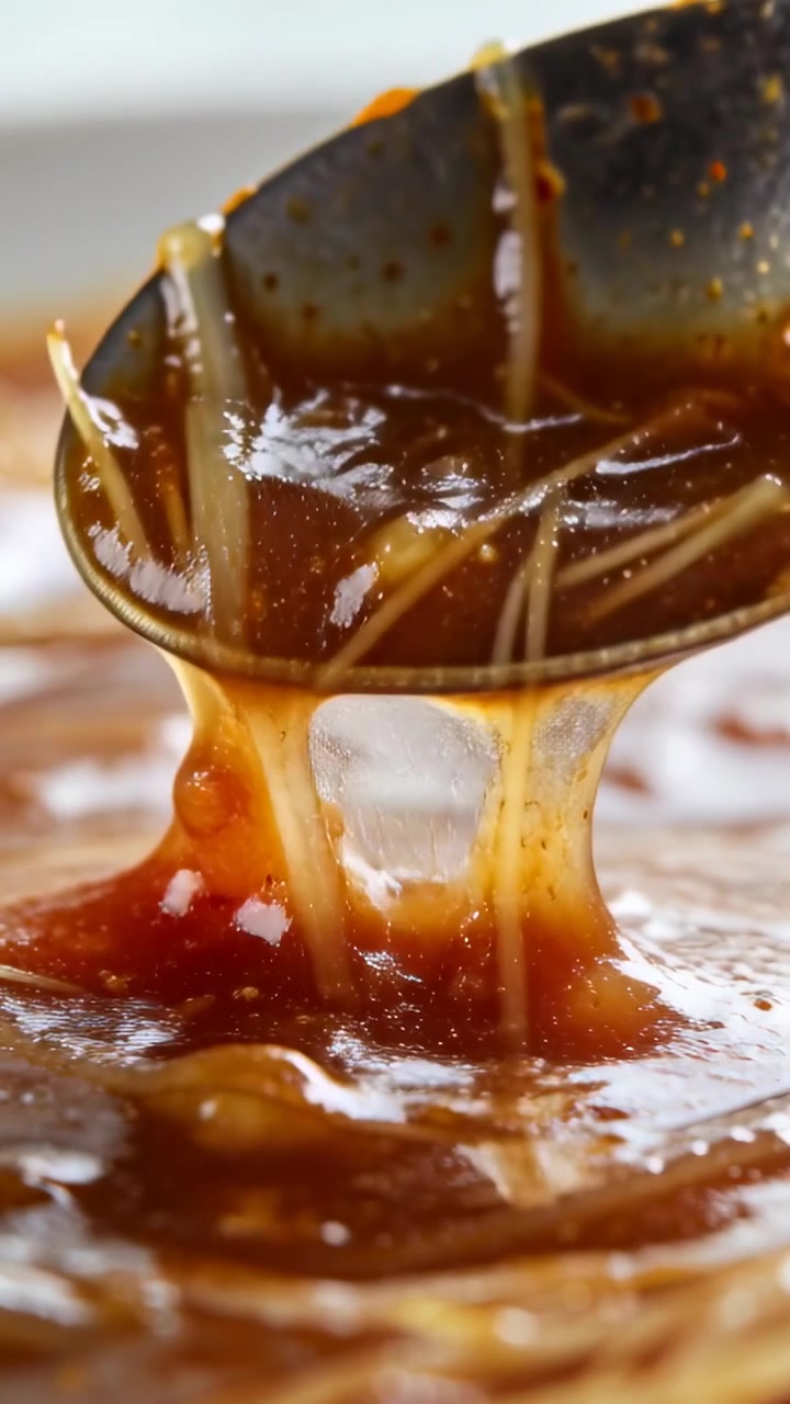 Video verticale: Sollevando un cucchiaio di metallo, con fili di salsa che si allungano e ricadono nel piatto bianco.