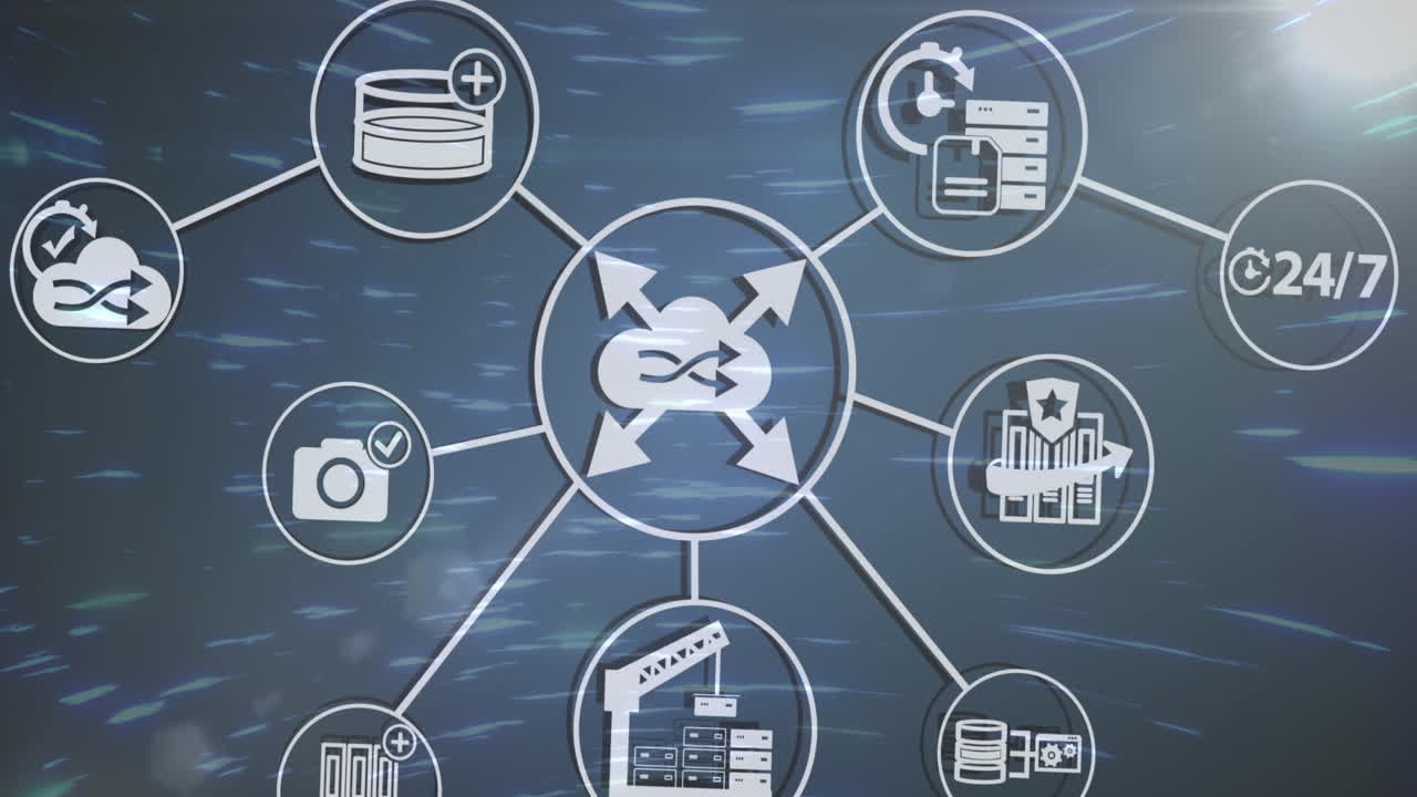 animación del diagrama de flujo de iconos sobre el patrón abstracto circular y el destello de la lente