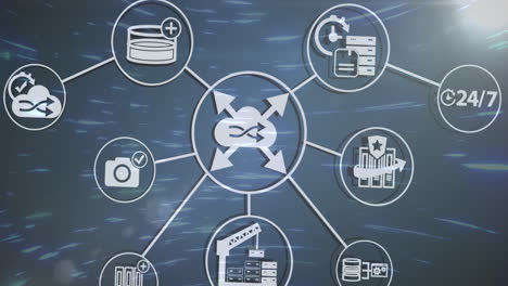 Animation of flowchart of icons over circular abstract pattern and lens flare
