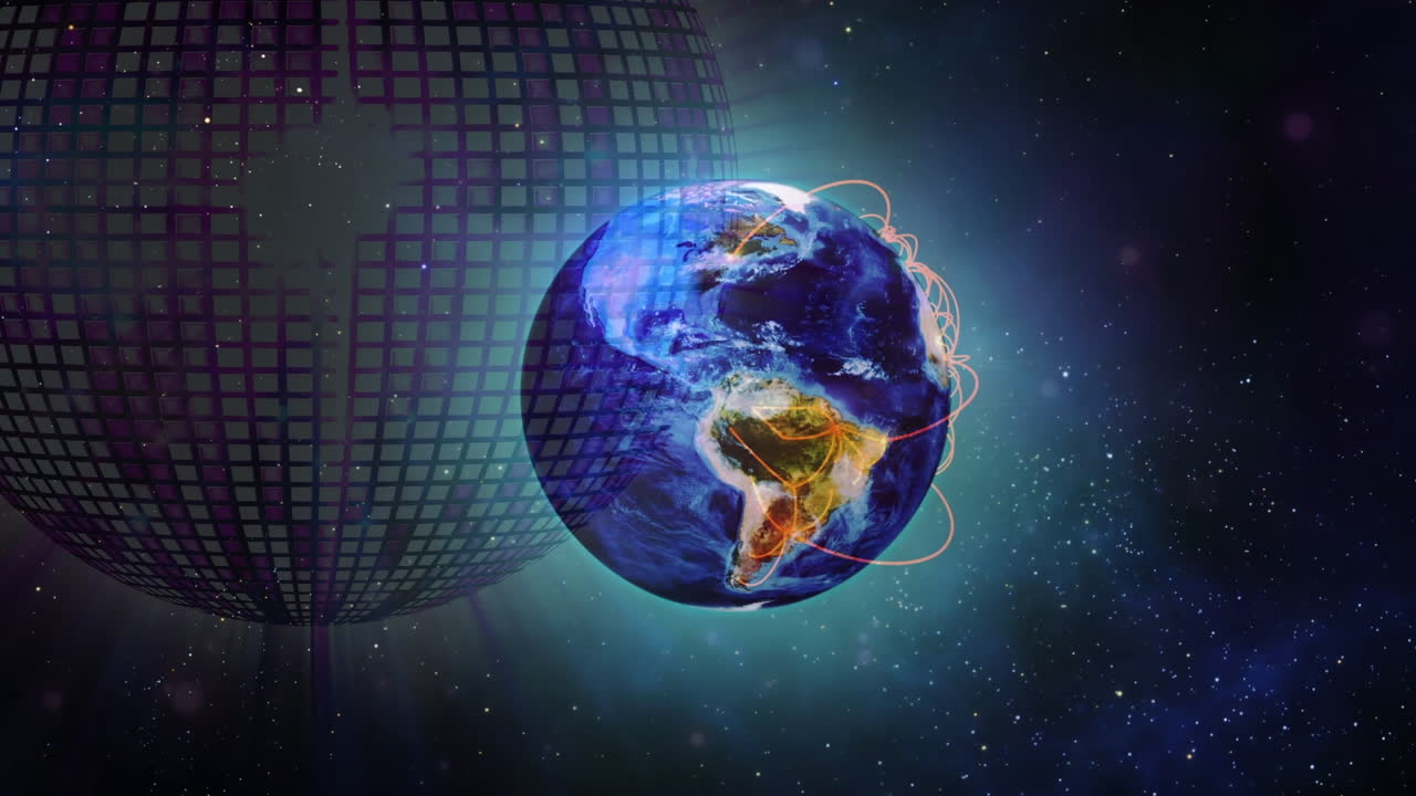 Animation of globe and disco ball over black background