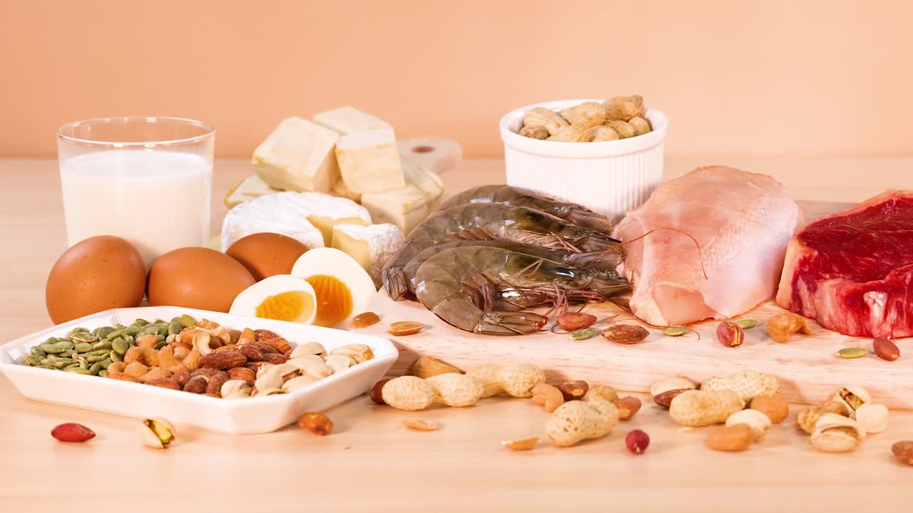 나무 표면에 단백질이 풍부한 다양한 음식