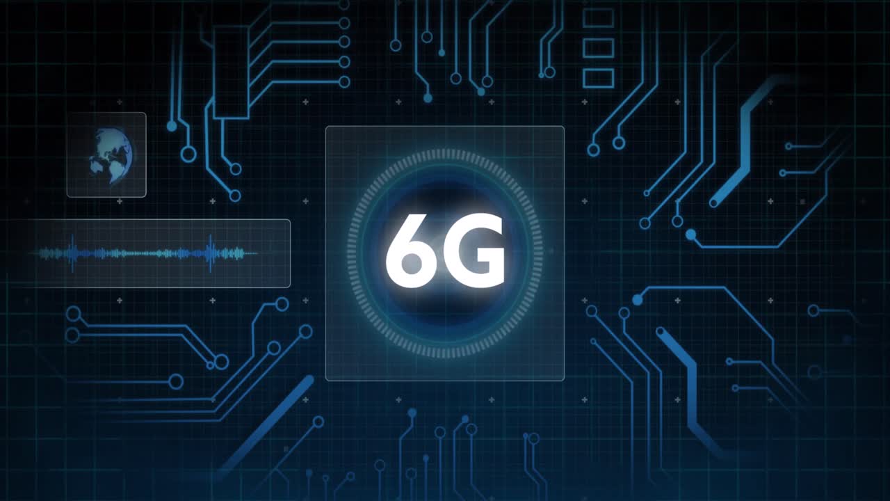 animación de texto de 6g, procesamiento de datos y alcance en pantallas sobre cuadrícula sobre fondo azul oscuro